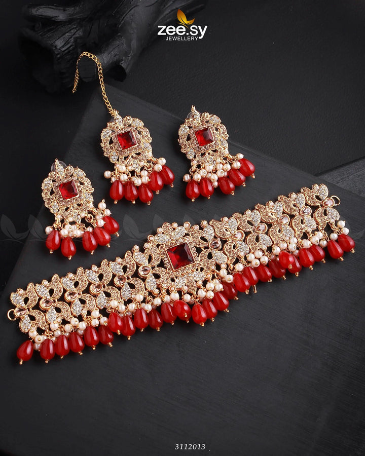 Katrina's Necklace Set Golden Red Necklace Sets - Zeesy Jewellery Pakistan | Premium Artificial & Imitation Jewellery