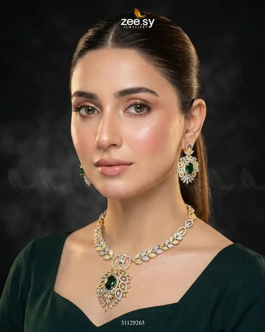 Midnight Forest Toned Necklace Set Golden Green Necklace Sets - Zeesy Jewellery Pakistan | Premium Artificial & Imitation Jewellery