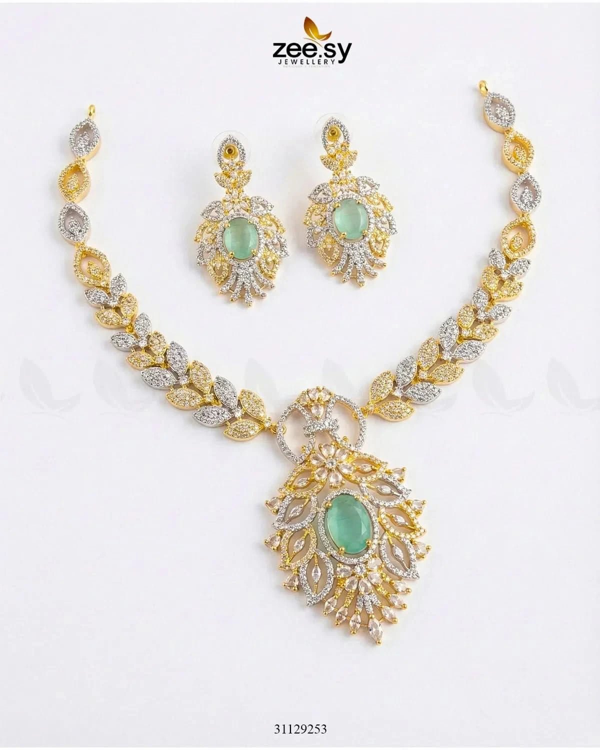 Midnight Forest Toned Necklace Set Golden Mint Green Necklace Sets - Zeesy Jewellery Pakistan | Premium Artificial & Imitation Jewellery