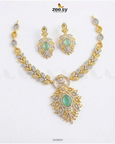 Midnight Forest Toned Necklace Set Golden Mint Green Necklace Sets - Zeesy Jewellery Pakistan | Premium Artificial & Imitation Jewellery