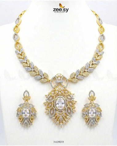 Midnight Forest Toned Necklace Set Golden White Necklace Sets - Zeesy Jewellery Pakistan | Premium Artificial & Imitation Jewellery