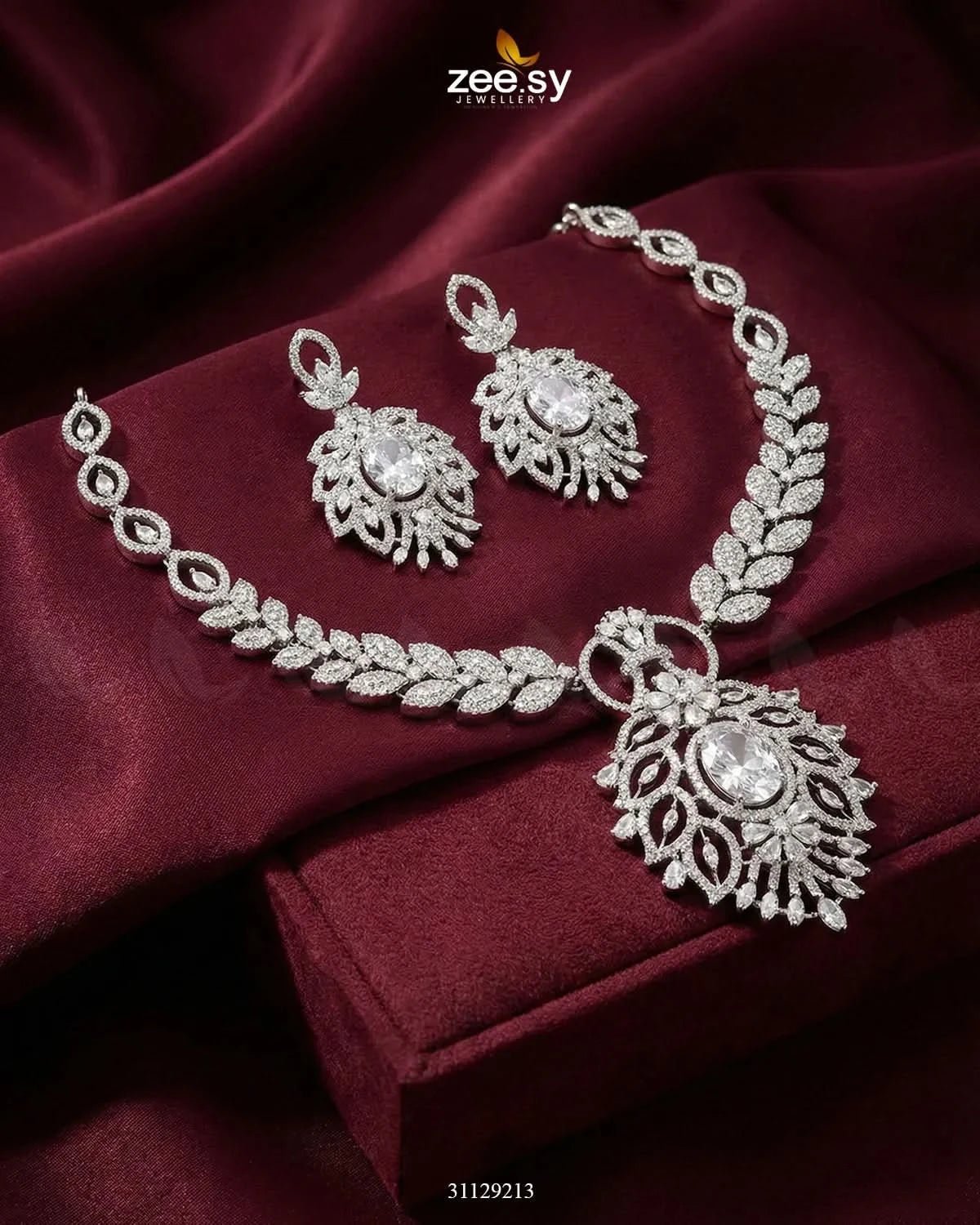 Midnight Forest Toned Necklace Set Silver White Necklace Sets - Zeesy Jewellery Pakistan | Premium Artificial & Imitation Jewellery