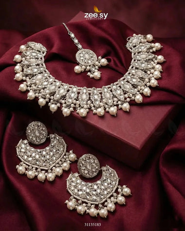 Pretty Bold Pearl Necklace Set Silver White Necklace Sets - Zeesy Jewellery Pakistan | Premium Artificial & Imitation Jewellery