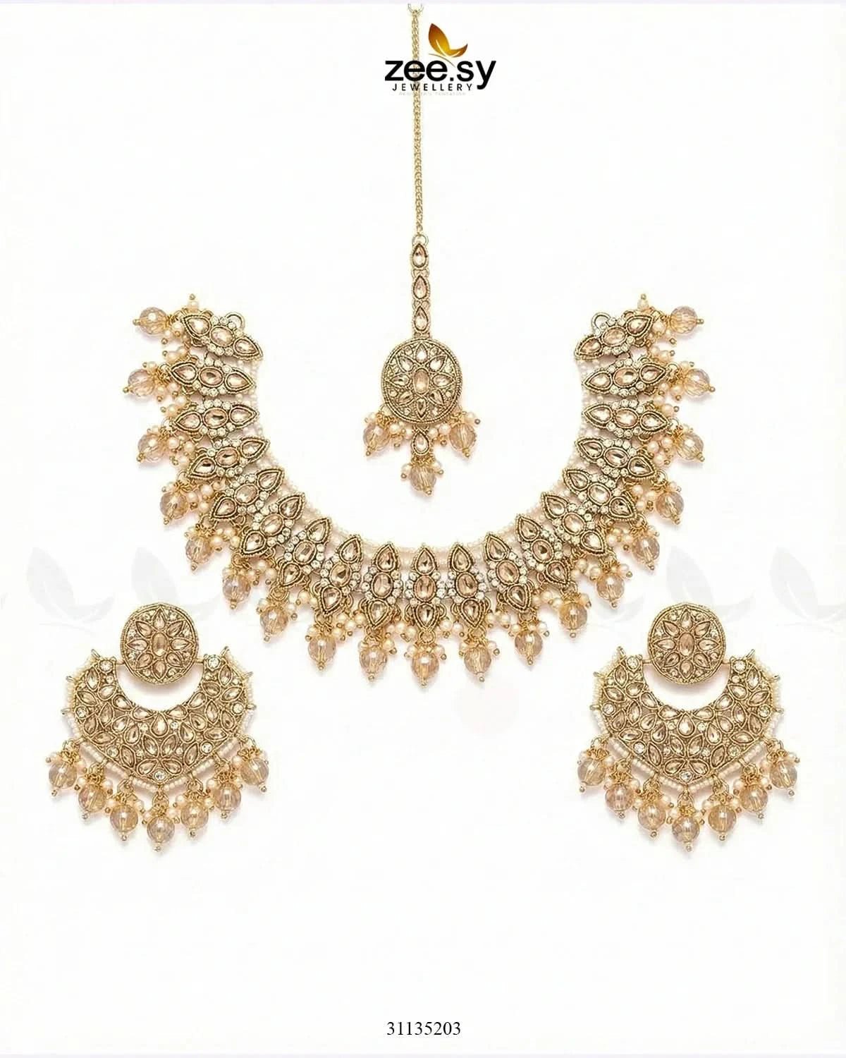 Pretty Bold Pearl Necklace Set Golden Champagne Necklace Sets - Zeesy Jewellery Pakistan | Premium Artificial & Imitation Jewellery
