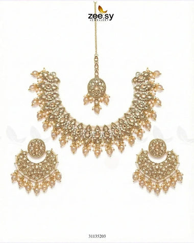 Pretty Bold Pearl Necklace Set Golden Champagne Necklace Sets - Zeesy Jewellery Pakistan | Premium Artificial & Imitation Jewellery
