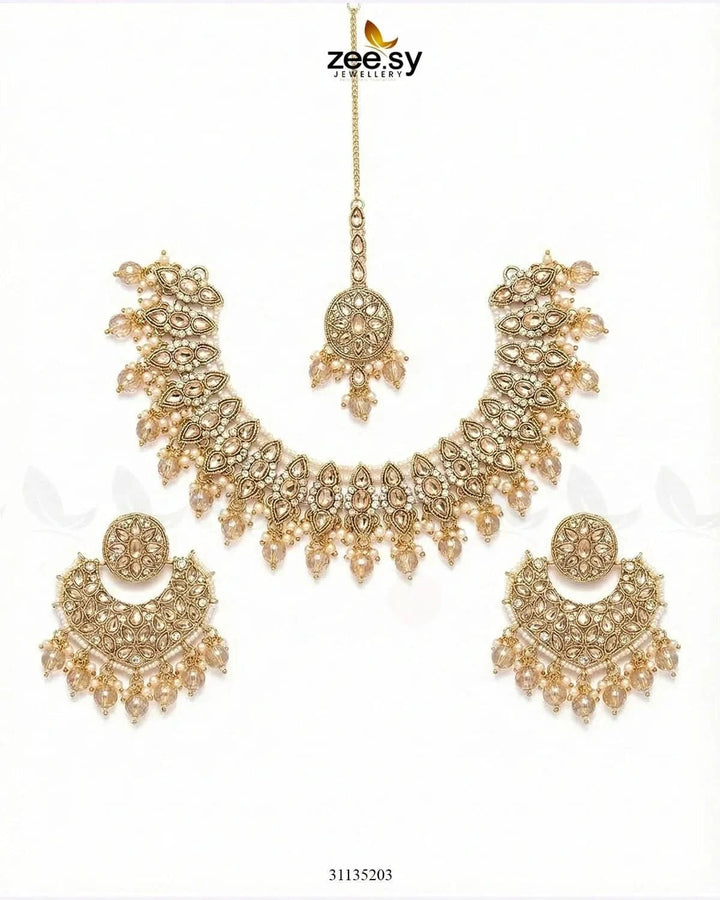 Pretty Bold Pearl Necklace Set Golden Champagne Necklace Sets - Zeesy Jewellery Pakistan | Premium Artificial & Imitation Jewellery