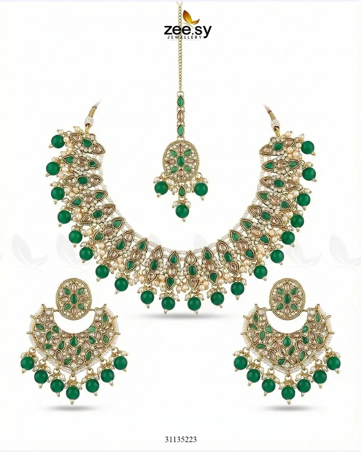 Pretty Bold Pearl Necklace Set Golden Green Necklace Sets - Zeesy Jewellery Pakistan | Premium Artificial & Imitation Jewellery