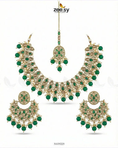 Pretty Bold Pearl Necklace Set Golden Green Necklace Sets - Zeesy Jewellery Pakistan | Premium Artificial & Imitation Jewellery