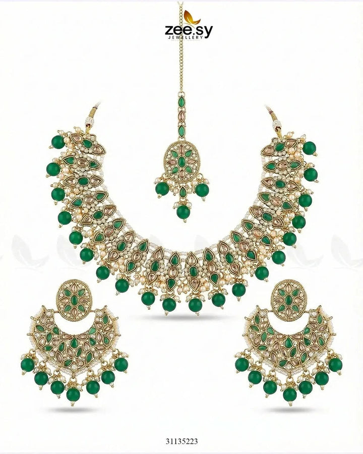 Pretty Bold Pearl Necklace Set Golden Green Necklace Sets - Zeesy Jewellery Pakistan | Premium Artificial & Imitation Jewellery
