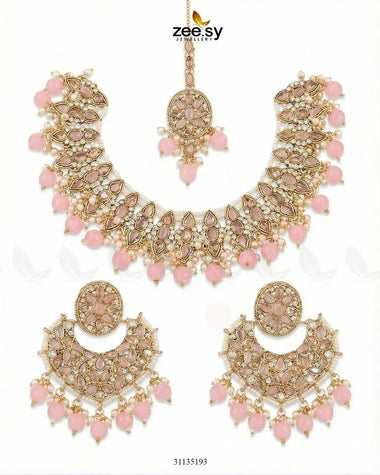 Pretty Bold Pearl Necklace Set Golden Mint Pink Necklace Sets - Zeesy Jewellery Pakistan | Premium Artificial & Imitation Jewellery