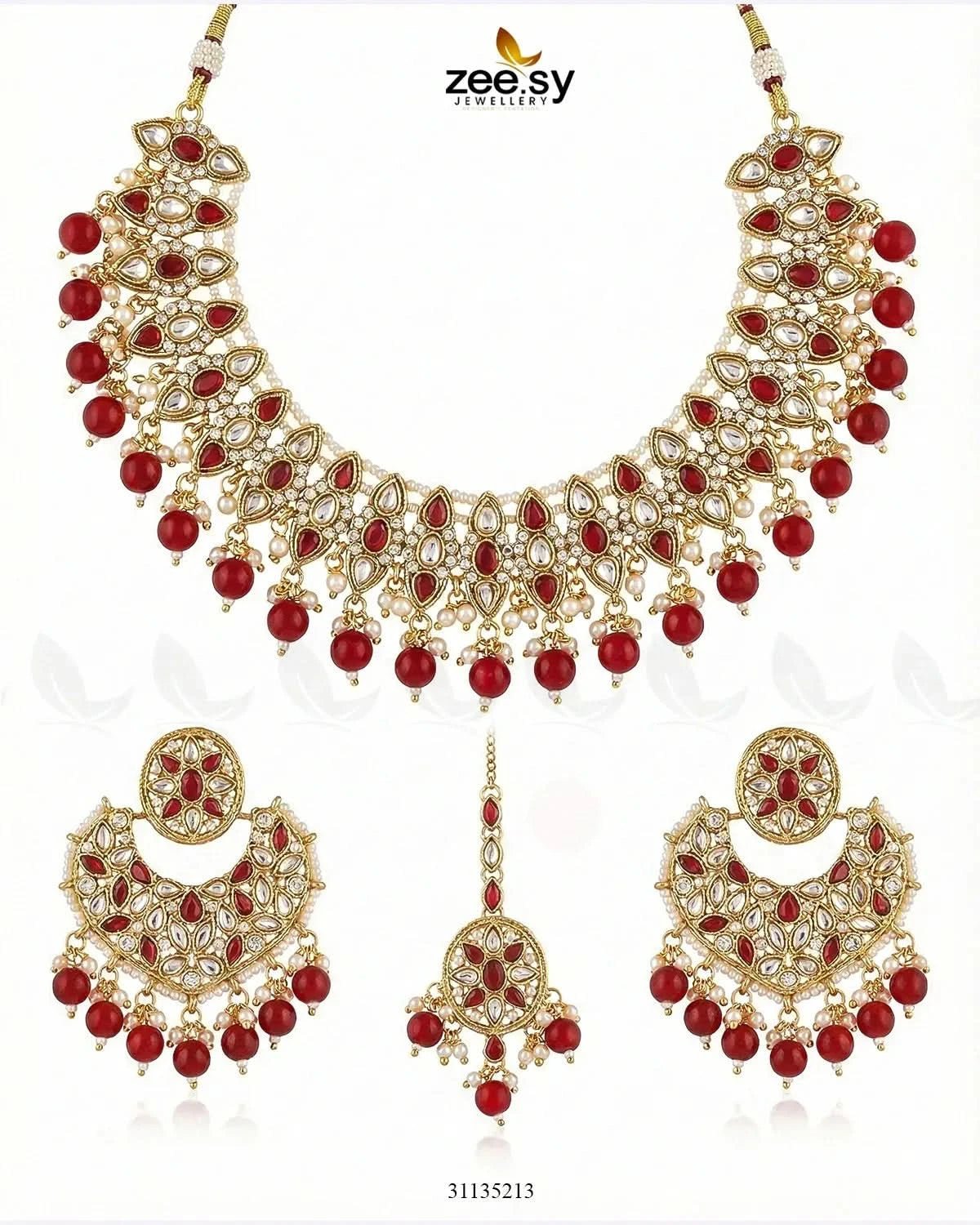 Pretty Bold Pearl Necklace Set Golden Red Necklace Sets - Zeesy Jewellery Pakistan | Premium Artificial & Imitation Jewellery