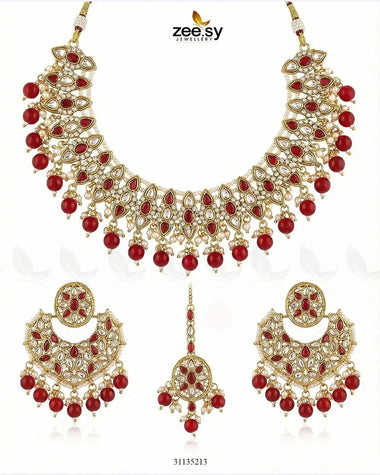 Pretty Bold Pearl Necklace Set Golden Red Necklace Sets - Zeesy Jewellery Pakistan | Premium Artificial & Imitation Jewellery