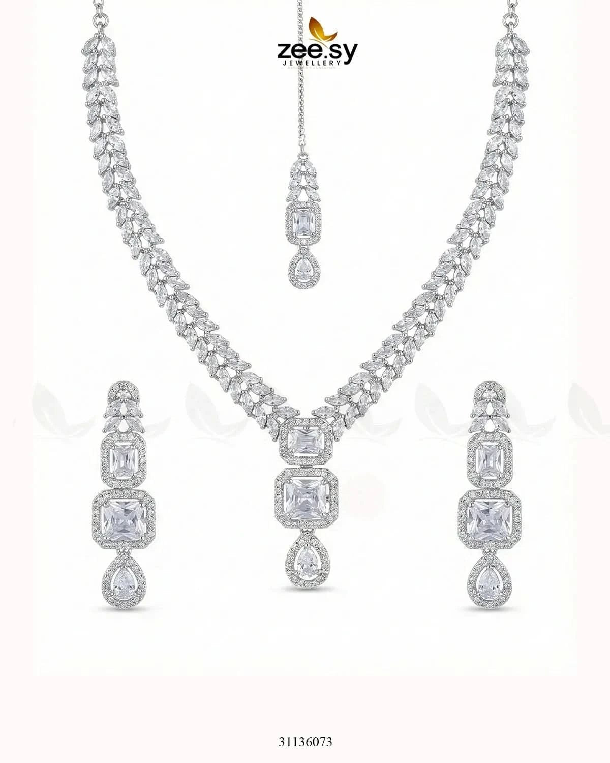 Square Leaf Vine Necklace Set Silver White Necklace Sets - Zeesy Jewellery Pakistan | Premium Artificial & Imitation Jewellery