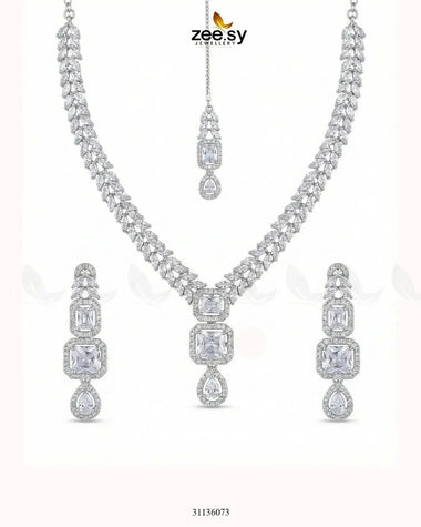 Square Leaf Vine Necklace Set Silver White Necklace Sets - Zeesy Jewellery Pakistan | Premium Artificial & Imitation Jewellery