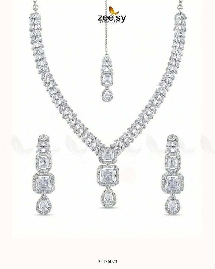 Square Leaf Vine Necklace Set Silver White Necklace Sets - Zeesy Jewellery Pakistan | Premium Artificial & Imitation Jewellery