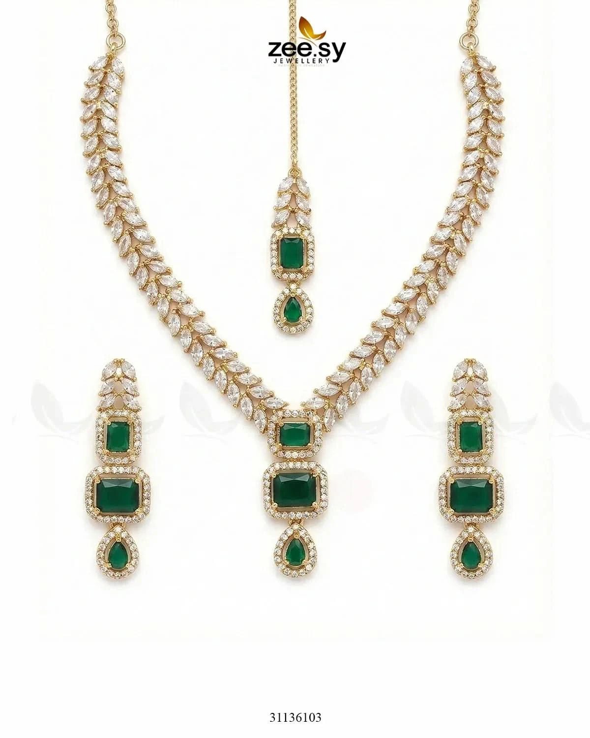 Square Leaf Vine Necklace Set Golden Green Necklace Sets - Zeesy Jewellery Pakistan | Premium Artificial & Imitation Jewellery