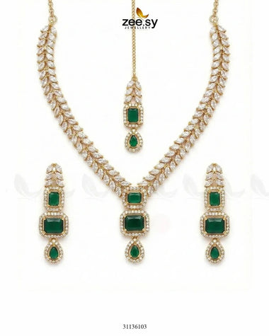 Square Leaf Vine Necklace Set Golden Green Necklace Sets - Zeesy Jewellery Pakistan | Premium Artificial & Imitation Jewellery