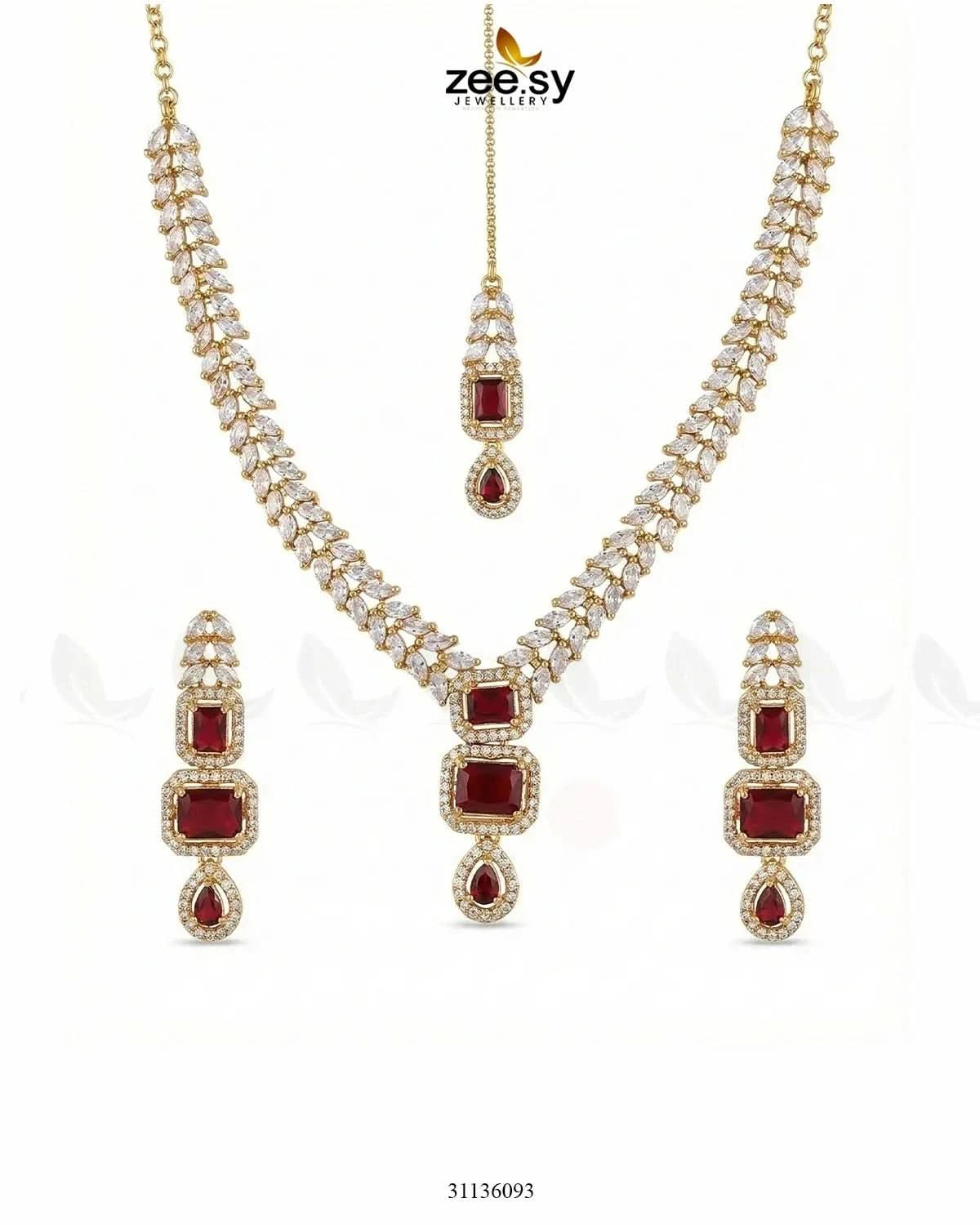 Square Leaf Vine Necklace Set Golden Red Necklace Sets - Zeesy Jewellery Pakistan | Premium Artificial & Imitation Jewellery