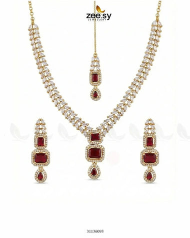 Square Leaf Vine Necklace Set Golden Red Necklace Sets - Zeesy Jewellery Pakistan | Premium Artificial & Imitation Jewellery