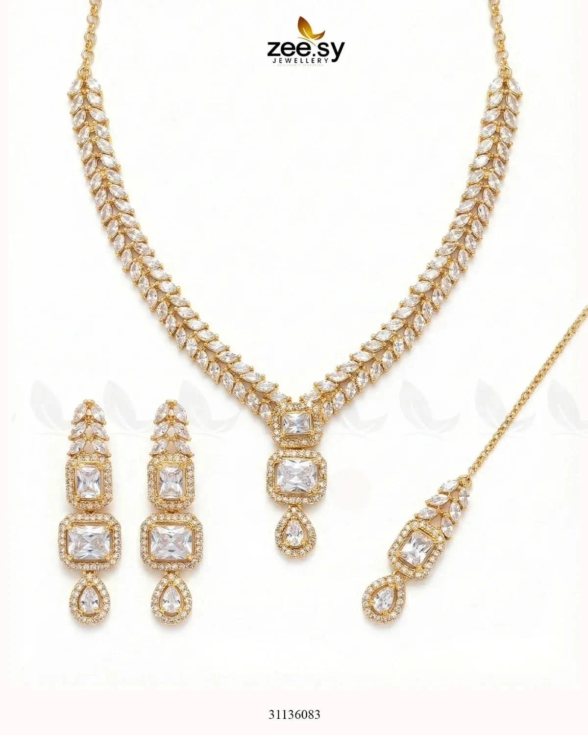 Square Leaf Vine Necklace Set Golden White Necklace Sets - Zeesy Jewellery Pakistan | Premium Artificial & Imitation Jewellery