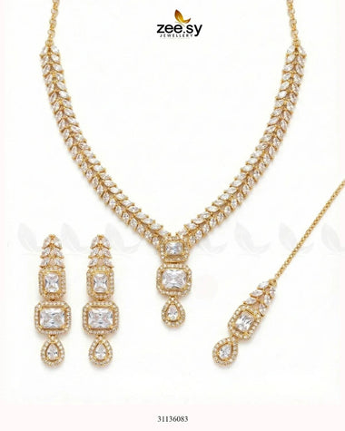 Square Leaf Vine Necklace Set Golden White Necklace Sets - Zeesy Jewellery Pakistan | Premium Artificial & Imitation Jewellery