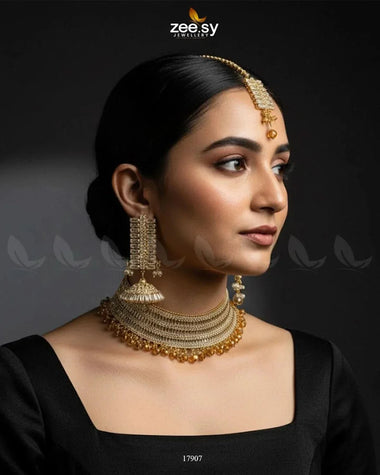 Sumayah's Choker Necklace Golden Champagne Necklace Sets - Zeesy Jewellery Pakistan | Premium Artificial & Imitation Jewellery