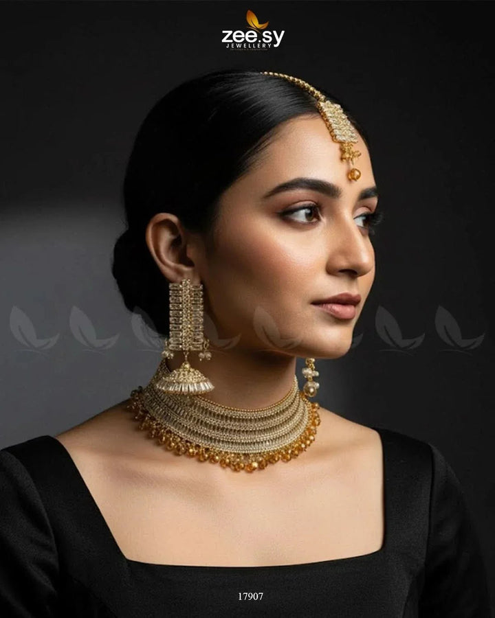 Sumayah's Choker Necklace Golden Champagne Necklace Sets - Zeesy Jewellery Pakistan | Premium Artificial & Imitation Jewellery