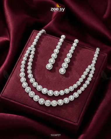 Majestic Double Tier Necklace Set Silver Necklace Sets - Zeesy Jewellery Pakistan | Premium Artificial & Imitation Jewellery