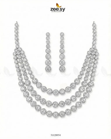 Majestic Triple Tier Necklace Set Silver Necklace Sets - Zeesy Jewellery Pakistan | Premium Artificial & Imitation Jewellery