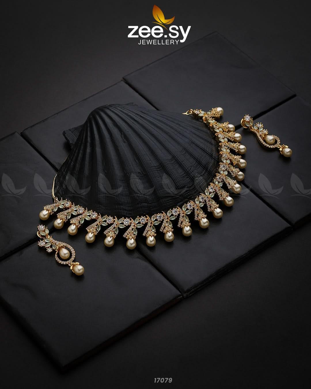 Captivating Zircon Necklace Golden Mint Green Necklace Sets - Zeesy Jewellery Pakistan | Premium Artificial & Imitation Jewellery