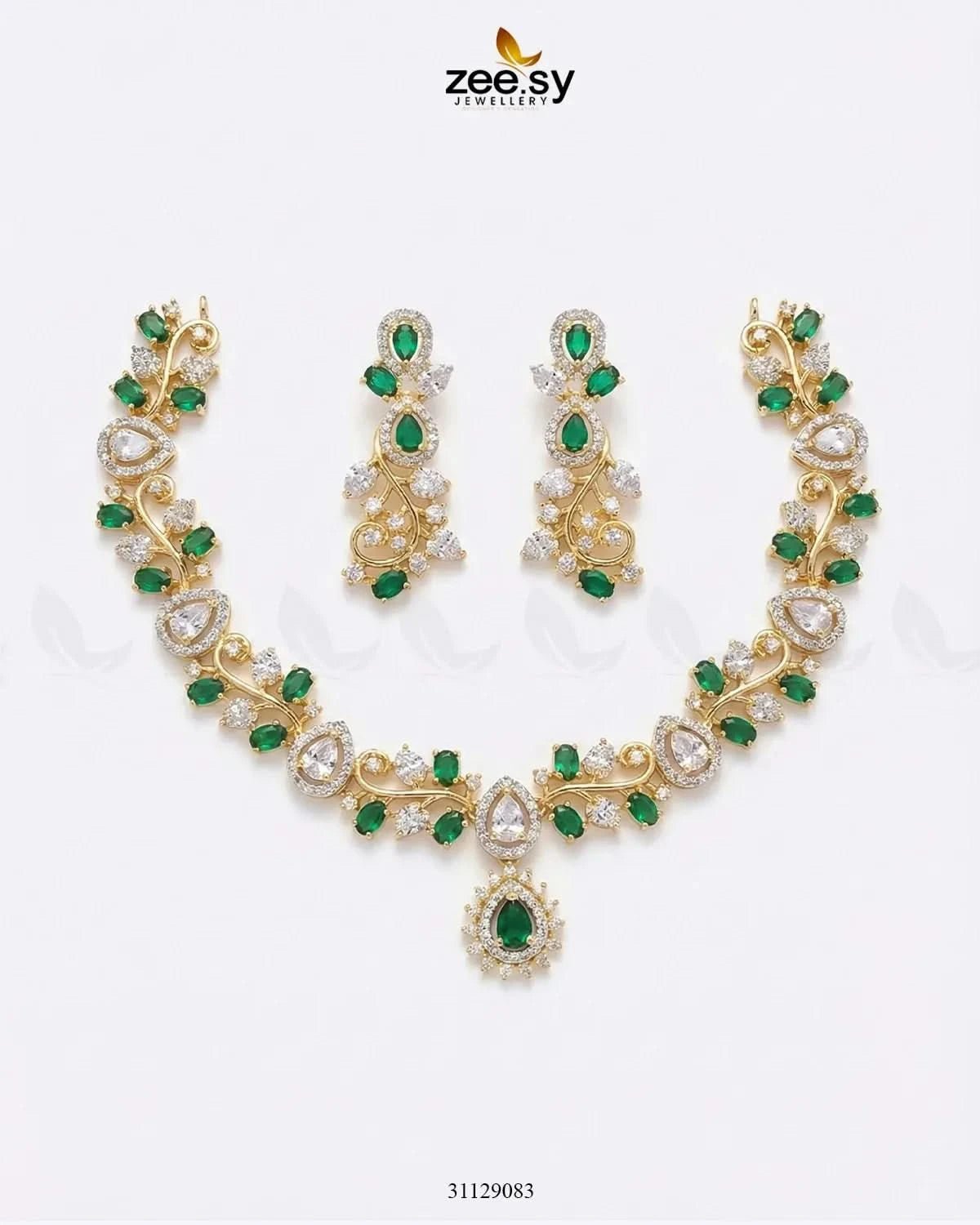 Golden Blossom Vine Necklace Set Golden Green Necklace Sets - Zeesy Jewellery Pakistan | Premium Artificial & Imitation Jewellery