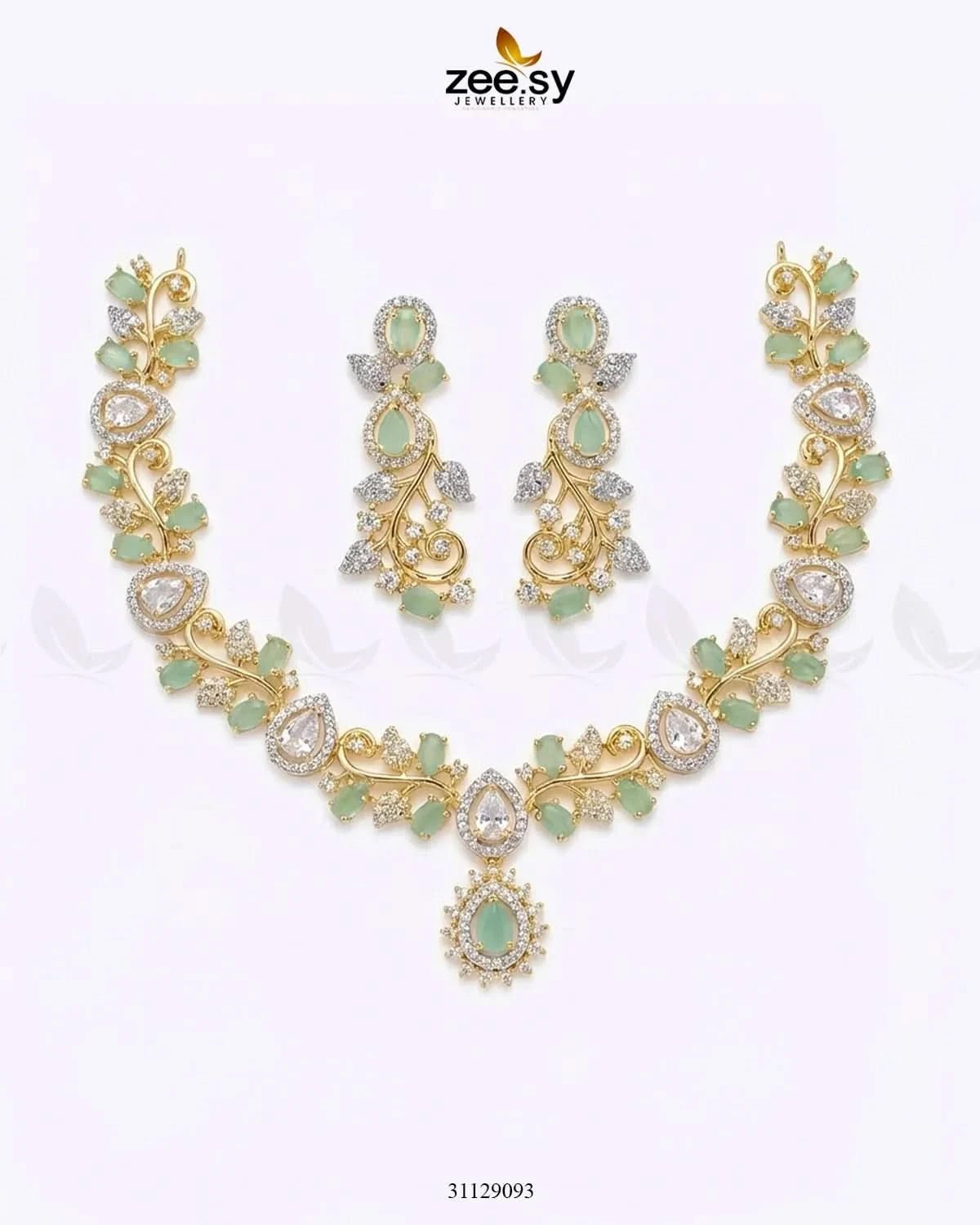 Golden Blossom Vine Necklace Set Golden Mint Green Necklace Sets - Zeesy Jewellery Pakistan | Premium Artificial & Imitation Jewellery