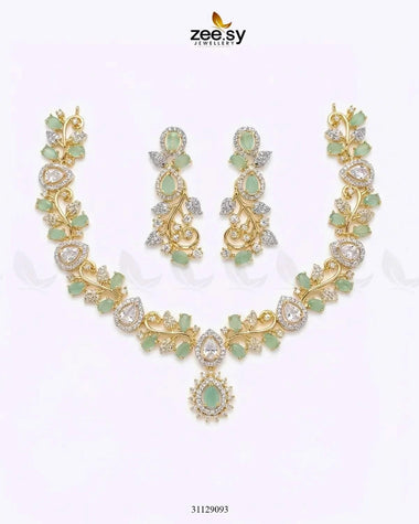 Golden Blossom Vine Necklace Set Golden Mint Green Necklace Sets - Zeesy Jewellery Pakistan | Premium Artificial & Imitation Jewellery