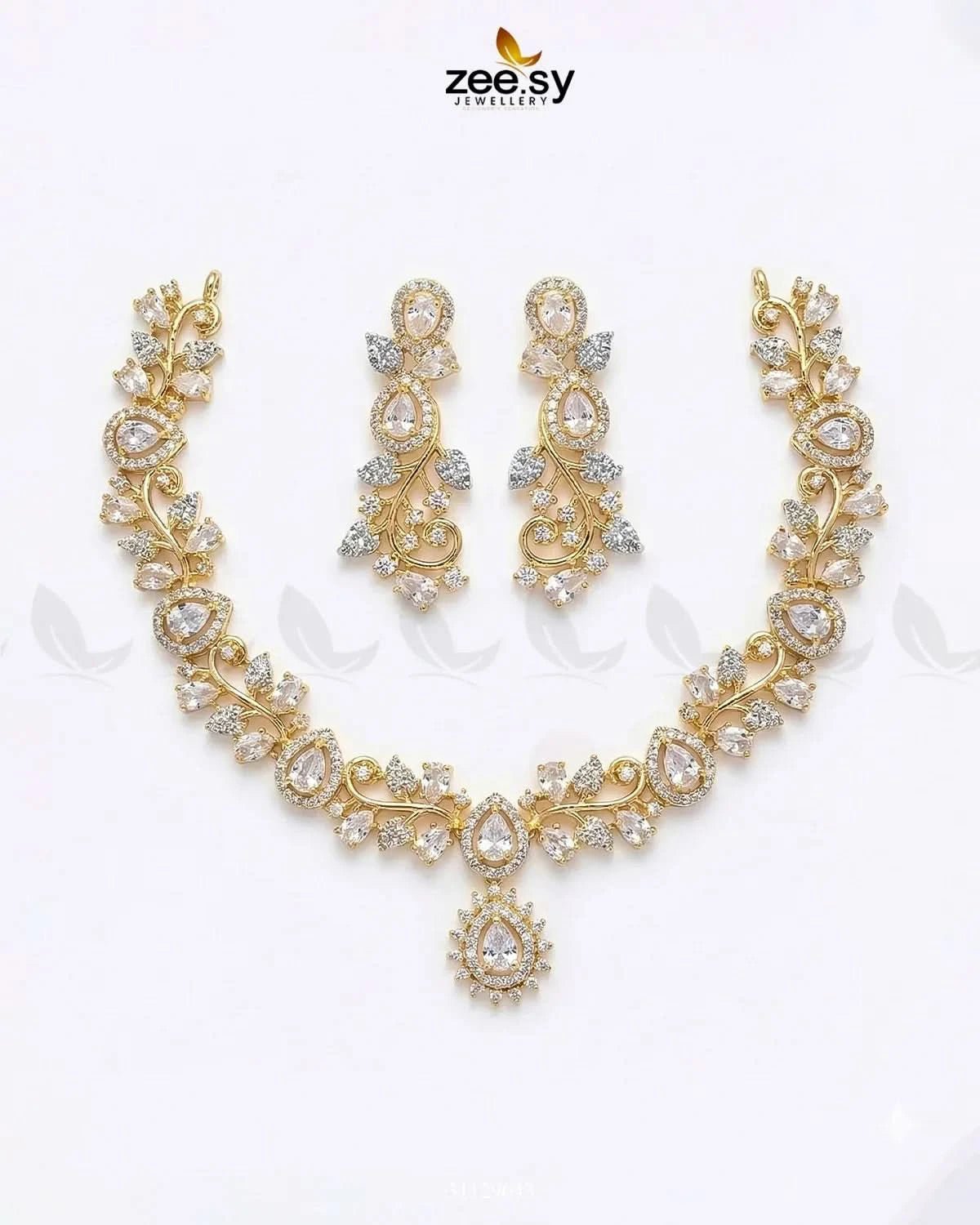 Golden Blossom Vine Necklace Set Golden White Necklace Sets - Zeesy Jewellery Pakistan | Premium Artificial & Imitation Jewellery