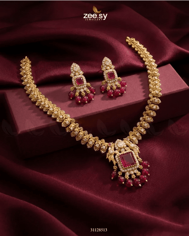 Sapphire Square Stone Necklace Set Golden Ruby Necklace Sets - Zeesy Jewellery Pakistan | Premium Artificial & Imitation Jewellery