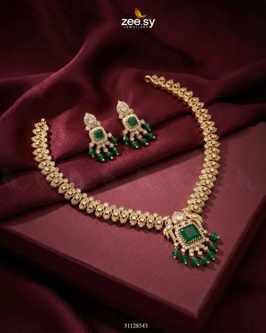 Sapphire Square Stone Necklace Set Golden Green Necklace Sets - Zeesy Jewellery Pakistan | Premium Artificial & Imitation Jewellery