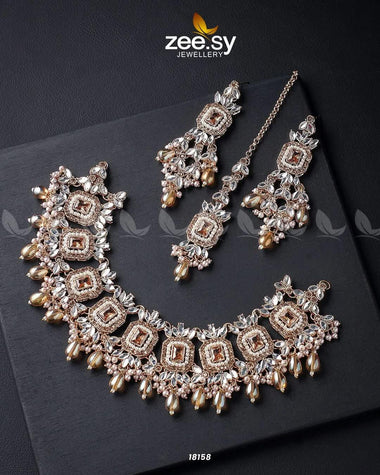 Stephanotis Necklace Set Golden Champagne Necklace Sets - Zeesy Jewellery Pakistan | Premium Artificial & Imitation Jewellery