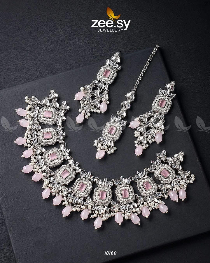 Stephanotis Necklace Set Silver Mint Pink Necklace Sets - Zeesy Jewellery Pakistan | Premium Artificial & Imitation Jewellery