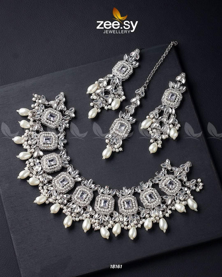 Stephanotis Necklace Set Silver Pearl Necklace Sets - Zeesy Jewellery Pakistan | Premium Artificial & Imitation Jewellery