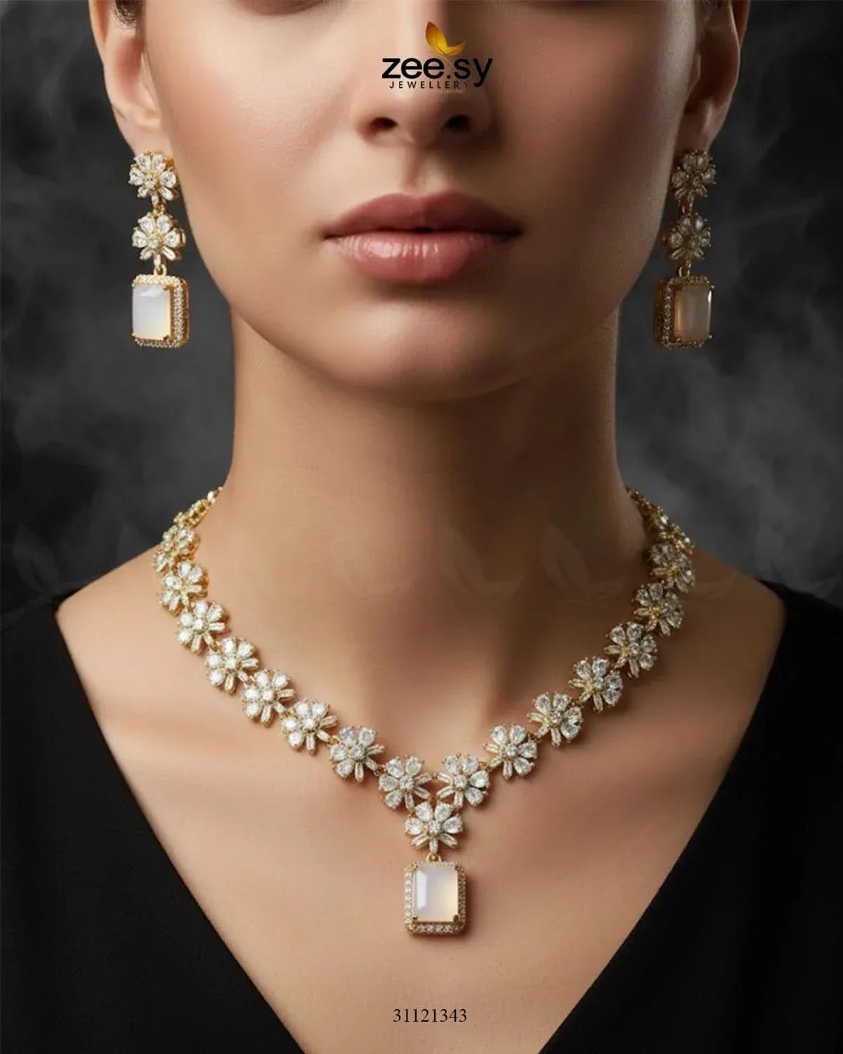 Dainty Crystal Cluster Necklace Set Golden Mint Pink Necklace Sets - Zeesy Jewellery Pakistan | Premium Artificial & Imitation Jewellery