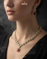 Dainty Crystal Cluster Necklace Set Golden Red Necklace Sets - Zeesy Jewellery Pakistan | Premium Artificial & Imitation Jewellery