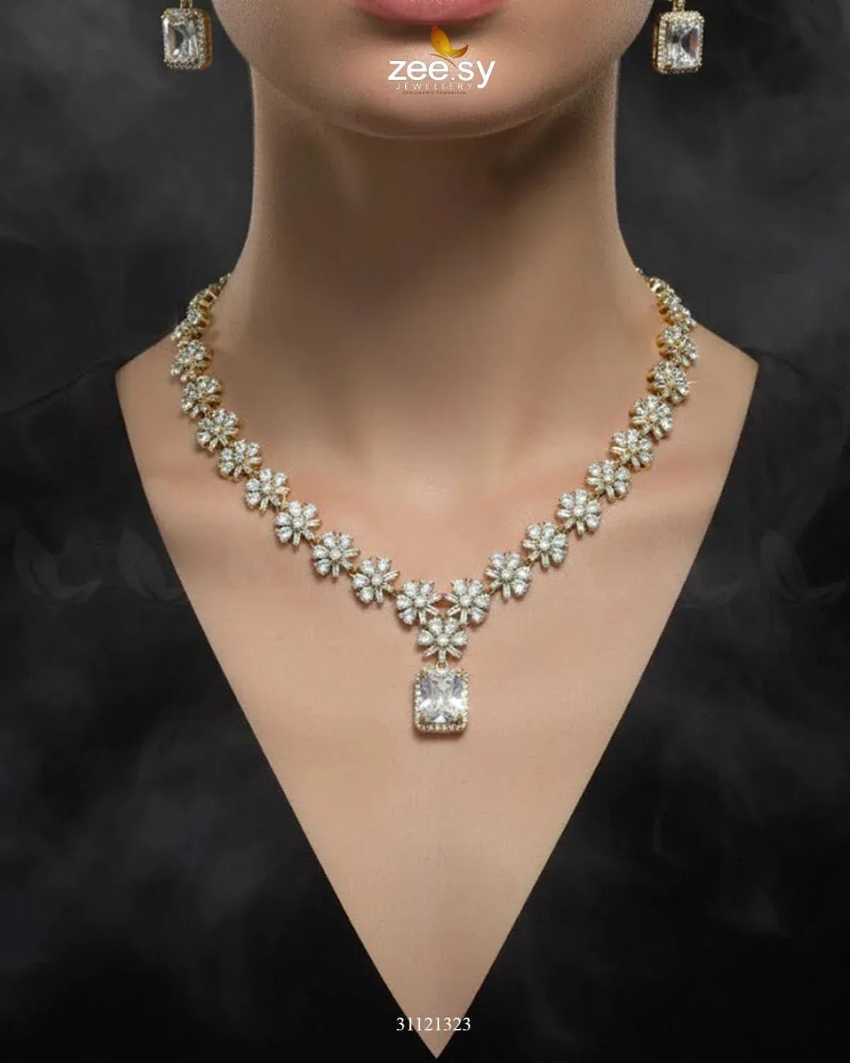 Dainty Crystal Cluster Necklace Set Golden white Necklace Sets - Zeesy Jewellery Pakistan | Premium Artificial & Imitation Jewellery