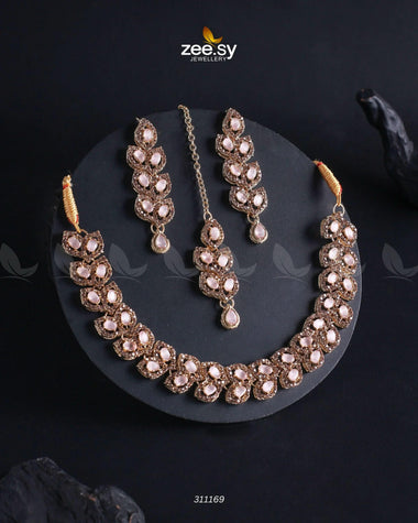 Elara Necklace Golden Mint Pink Necklace Sets - Zeesy Jewellery Pakistan | Premium Artificial & Imitation Jewellery