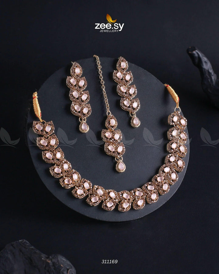Elara Necklace Golden Mint Pink Necklace Sets - Zeesy Jewellery Pakistan | Premium Artificial & Imitation Jewellery