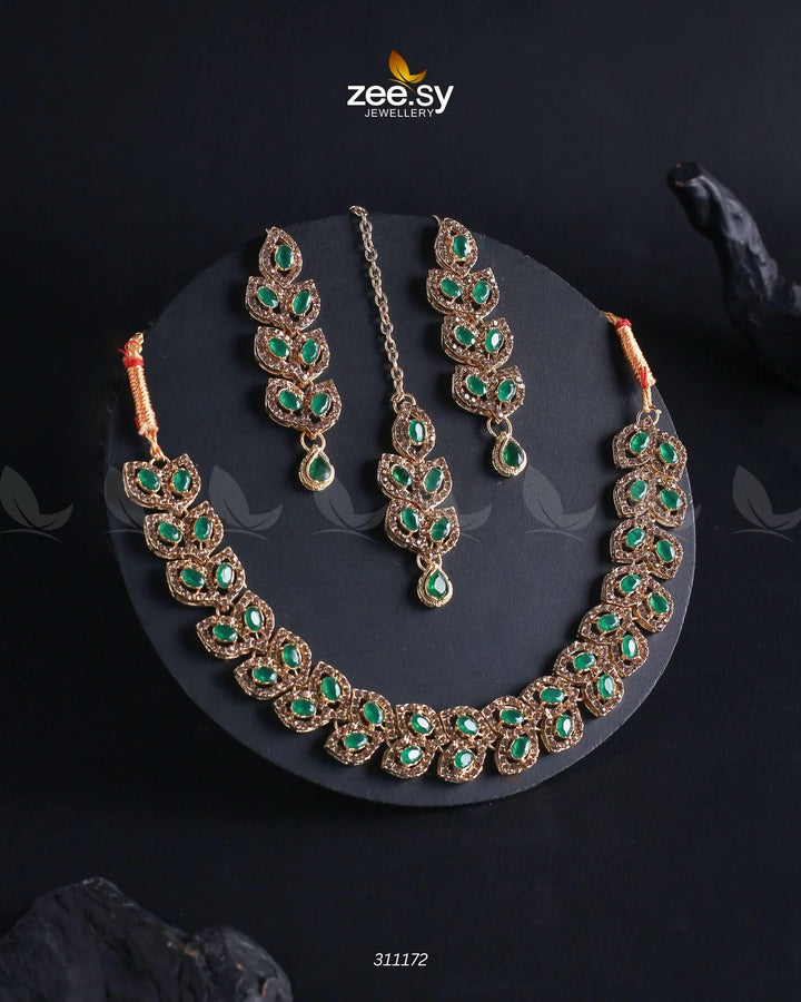 Elara Necklace Champagne & Green Necklace Sets - Zeesy Jewellery Pakistan | Premium Artificial & Imitation Jewellery