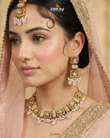 Square Floral Pearl Necklace Set Golden Mint Pink Necklace Sets - Zeesy Jewellery Pakistan | Premium Artificial & Imitation Jewellery