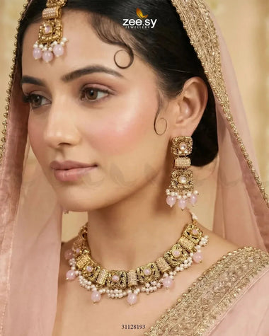 Square Floral Pearl Necklace Set Golden Mint Pink Necklace Sets - Zeesy Jewellery Pakistan | Premium Artificial & Imitation Jewellery