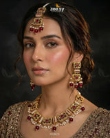 Square Floral Pearl Necklace Set Golden Red Necklace Sets - Zeesy Jewellery Pakistan | Premium Artificial & Imitation Jewellery