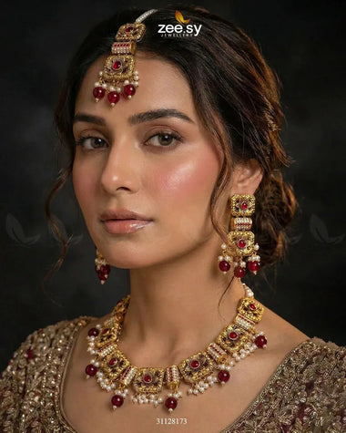 Square Floral Pearl Necklace Set Golden Red Necklace Sets - Zeesy Jewellery Pakistan | Premium Artificial & Imitation Jewellery