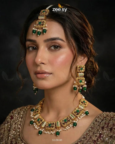 Square Floral Pearl Necklace Set Golden Green Necklace Sets - Zeesy Jewellery Pakistan | Premium Artificial & Imitation Jewellery